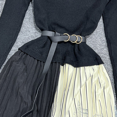 Long Sleeve Patchwork Pleated Skirt - ANIBEY