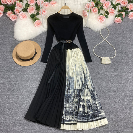 Long Sleeve Patchwork Pleated Skirt - ANIBEY