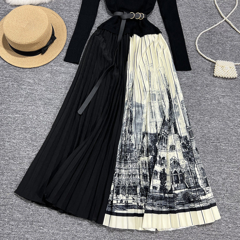 Long Sleeve Patchwork Pleated Skirt - ANIBEY