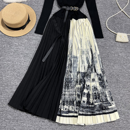 Long Sleeve Patchwork Pleated Skirt - ANIBEY