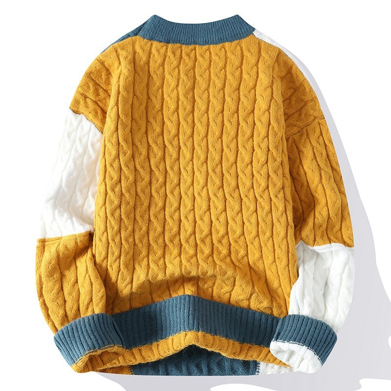 Men's Crew Neck Patchwork Pullover Sweater - ANIBEY