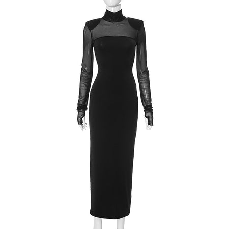 Mesh Stitching Finger Fit Design Long Sleeve Turtleneck Slim-fit Sheath Dress - ANIBEY