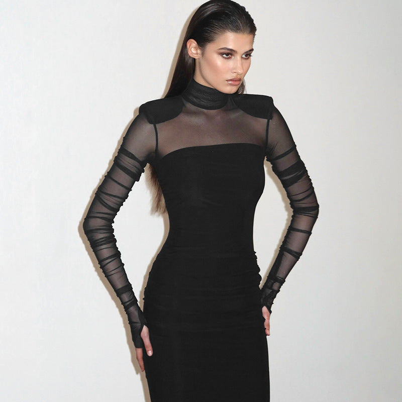 Mesh Stitching Finger Fit Design Long Sleeve Turtleneck Slim-fit Sheath Dress - ANIBEY