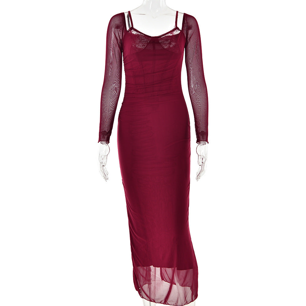Mesh Stitching Lace Mid-length Dress - ANIBEY