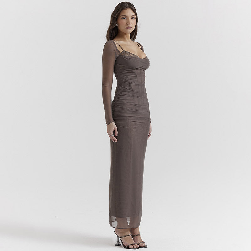 Mesh Stitching Lace Mid-length Dress - ANIBEY