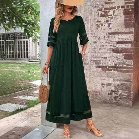 New Hot Sale Five-quarter Sleeve Mesh Patchwork Round Neck Pocket Dress - ANIBEY