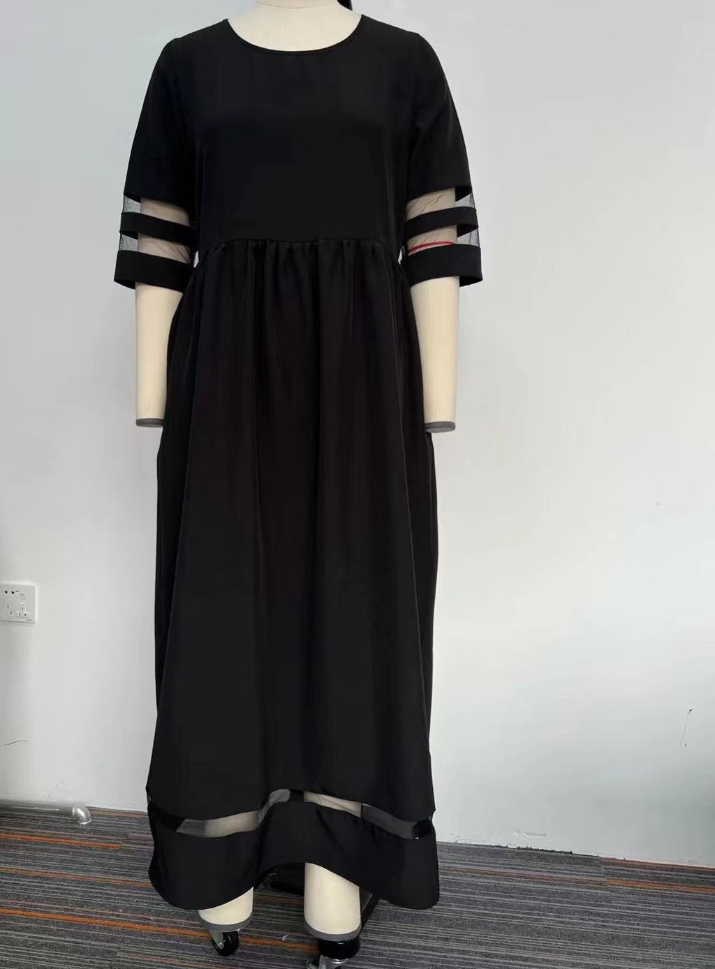 New Hot Sale Five-quarter Sleeve Mesh Patchwork Round Neck Pocket Dress - ANIBEY