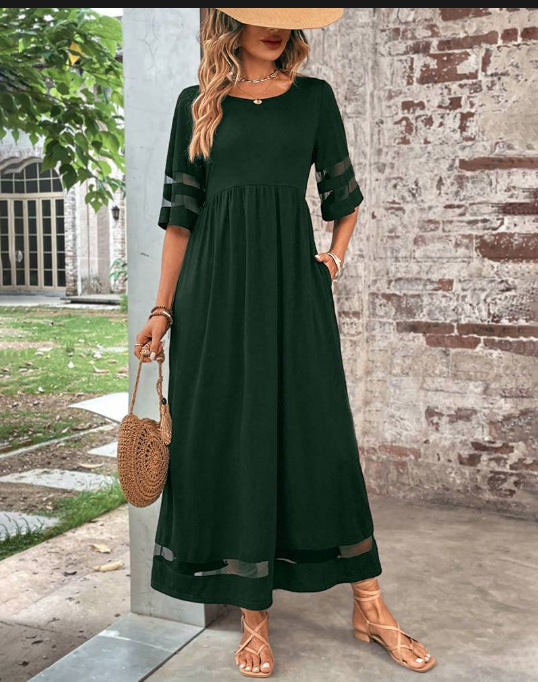New Hot Sale Five-quarter Sleeve Mesh Patchwork Round Neck Pocket Dress - ANIBEY