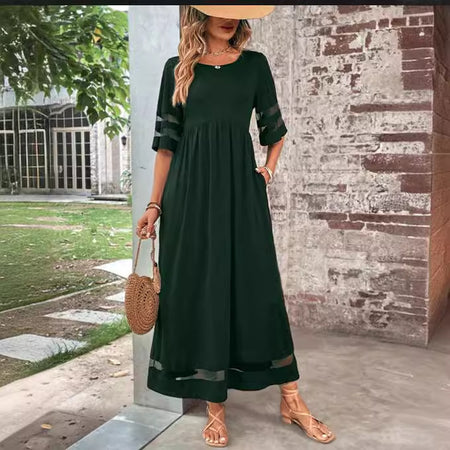 New Hot Sale Five-quarter Sleeve Mesh Patchwork Round Neck Pocket Dress - ANIBEY