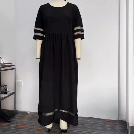 New Hot Sale Five-quarter Sleeve Mesh Patchwork Round Neck Pocket Dress - ANIBEY