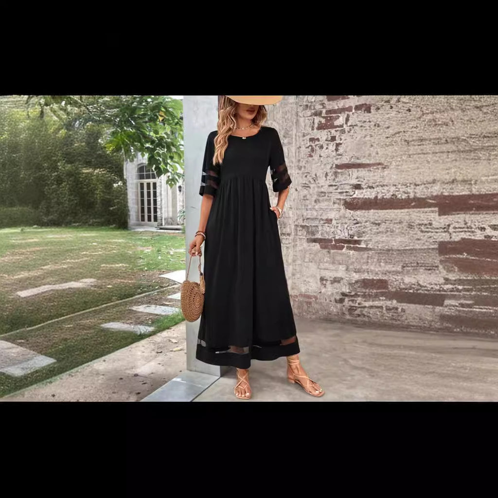 New Hot Sale Five-quarter Sleeve Mesh Patchwork Round Neck Pocket Dress - ANIBEY
