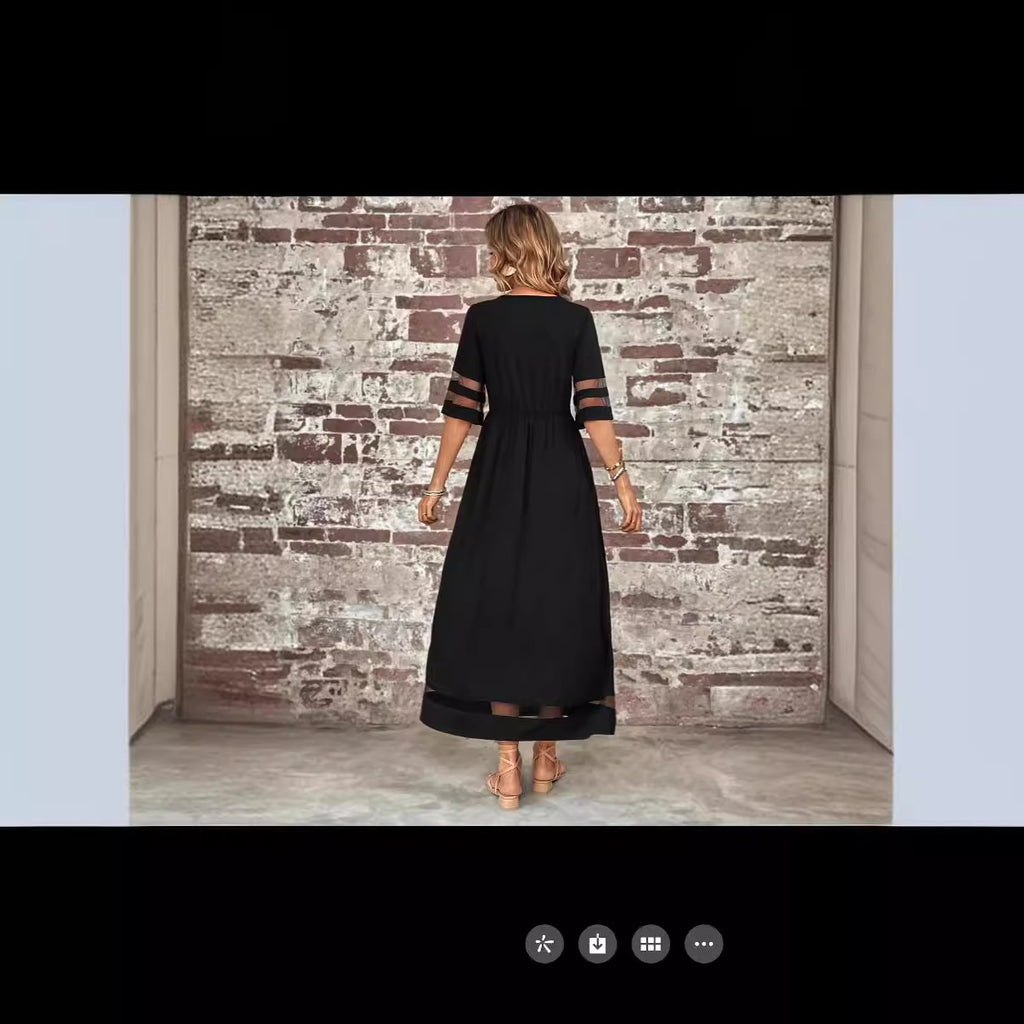 New Hot Sale Five-quarter Sleeve Mesh Patchwork Round Neck Pocket Dress - ANIBEY