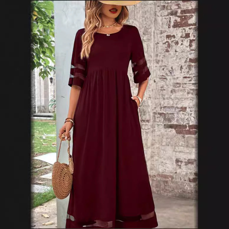 New Hot Sale Five-quarter Sleeve Mesh Patchwork Round Neck Pocket Dress - ANIBEY