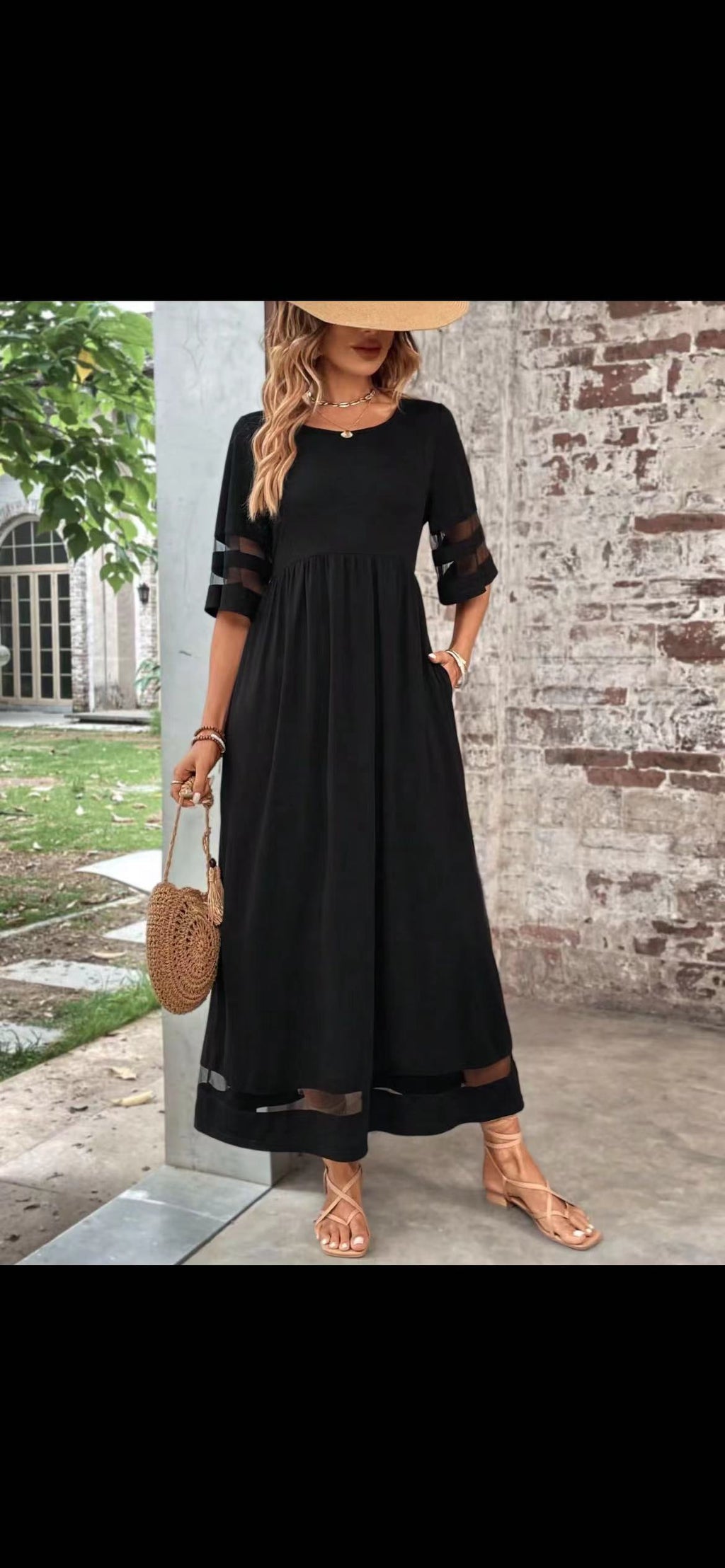 New Hot Sale Five-quarter Sleeve Mesh Patchwork Round Neck Pocket Dress - ANIBEY