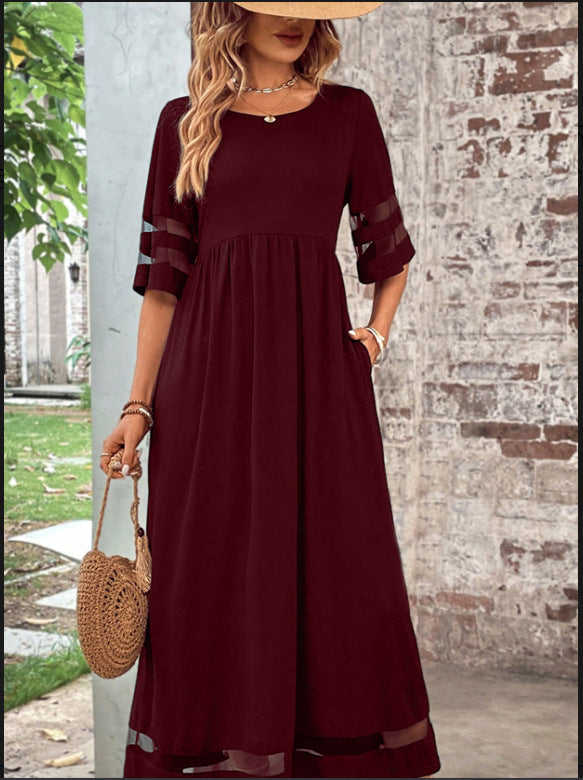 New Hot Sale Five-quarter Sleeve Mesh Patchwork Round Neck Pocket Dress - ANIBEY