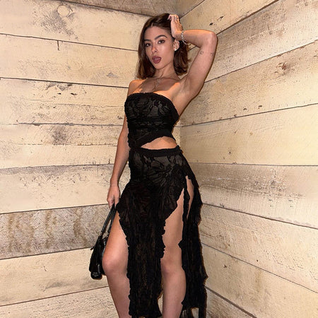 Off-shoulder Slim Fit Backless Fringed Sheath Dress - ANIBEY