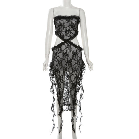 Off-shoulder Slim Fit Backless Fringed Sheath Dress - ANIBEY