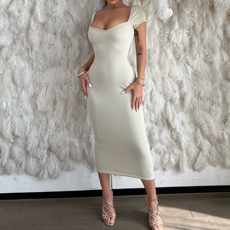One Line Neck Ribbed Long Dress Short Sleeve Maxi - ANIBEY