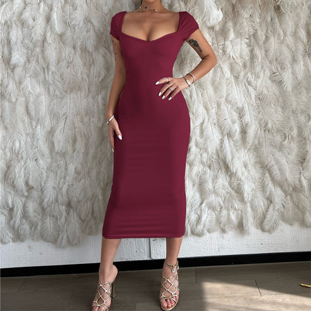 One Line Neck Ribbed Long Dress Short Sleeve Maxi - ANIBEY
