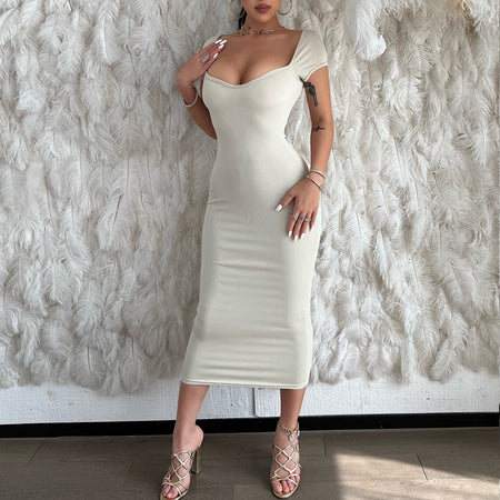 One Line Neck Ribbed Long Dress Short Sleeve Maxi - ANIBEY