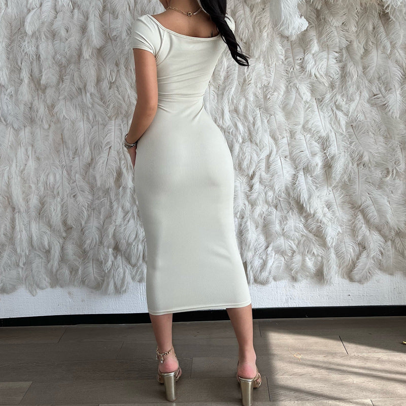 One Line Neck Ribbed Long Dress Short Sleeve Maxi - ANIBEY