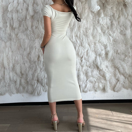 One Line Neck Ribbed Long Dress Short Sleeve Maxi - ANIBEY