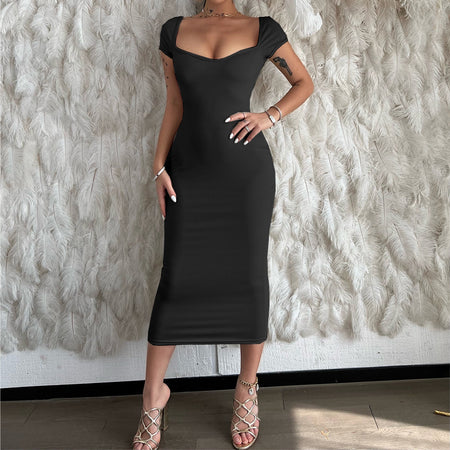 One Line Neck Ribbed Long Dress Short Sleeve Maxi - ANIBEY