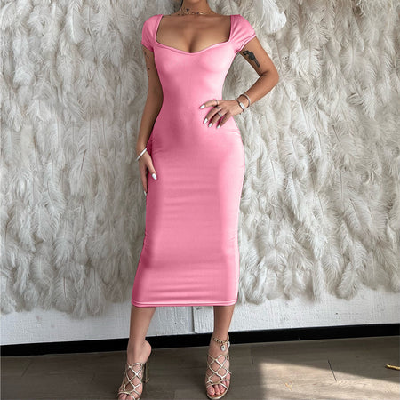 One Line Neck Ribbed Long Dress Short Sleeve Maxi - ANIBEY