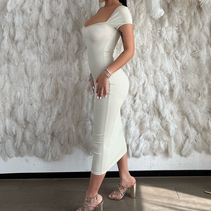 One Line Neck Ribbed Long Dress Short Sleeve Maxi - ANIBEY