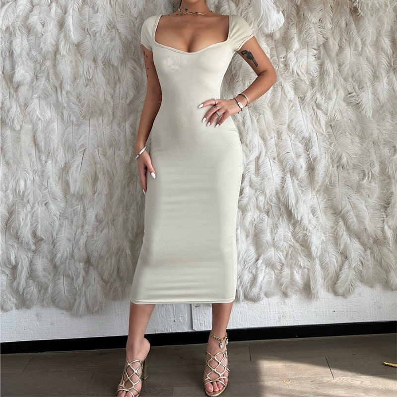 One Line Neck Ribbed Long Dress Short Sleeve Maxi - ANIBEY