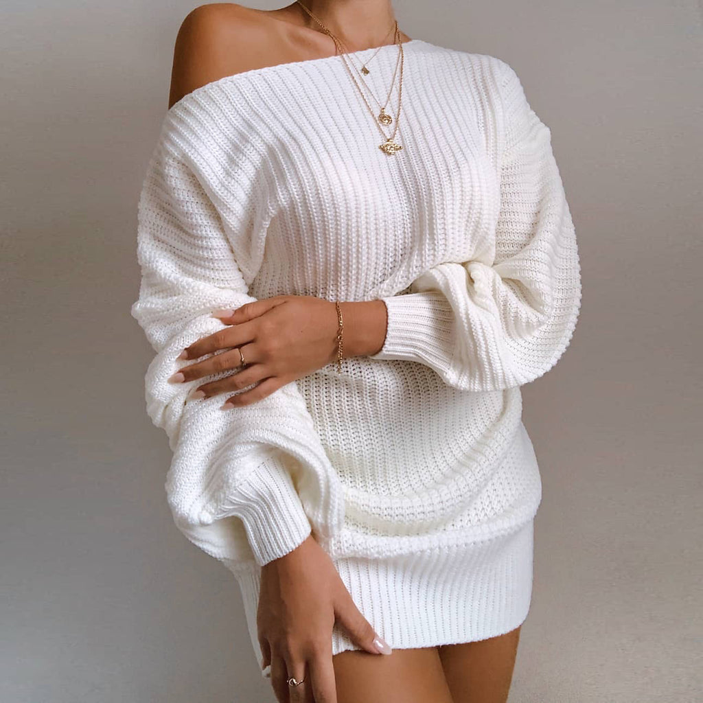 OrangeA Women Off Shoulder Knitted Sweater Dress Autumn Winter Loose Long Sleeve Solid Ladies Tunic Elegant Streetwear Dresses - ANIBEY