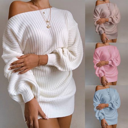 OrangeA Women Off Shoulder Knitted Sweater Dress Autumn Winter Loose Long Sleeve Solid Ladies Tunic Elegant Streetwear Dresses - ANIBEY