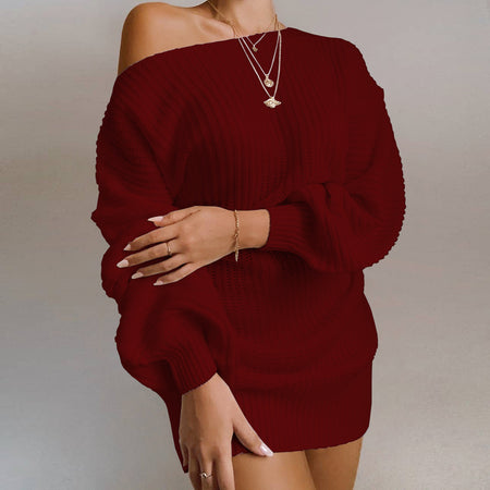 OrangeA Women Off Shoulder Knitted Sweater Dress Autumn Winter Loose Long Sleeve Solid Ladies Tunic Elegant Streetwear Dresses - ANIBEY