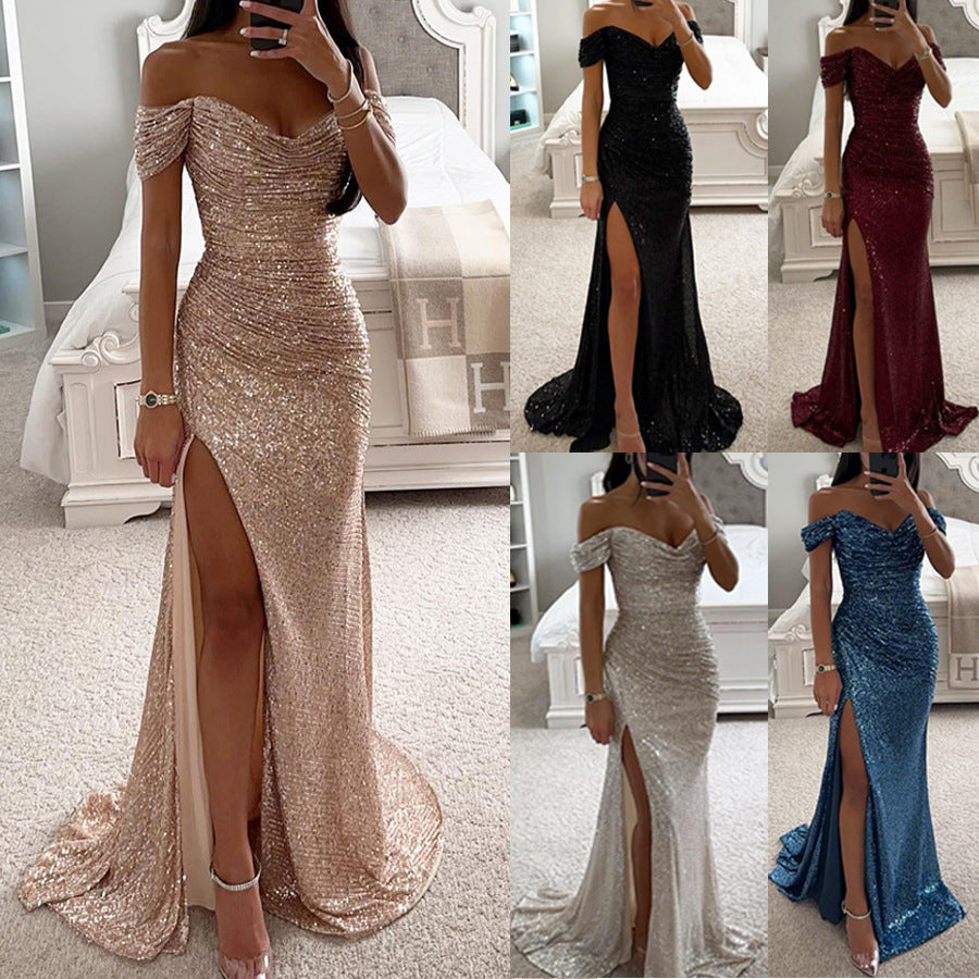 Party Sequins Off-neck Split Dress INS Casual Fashion Dress Women - ANIBEY