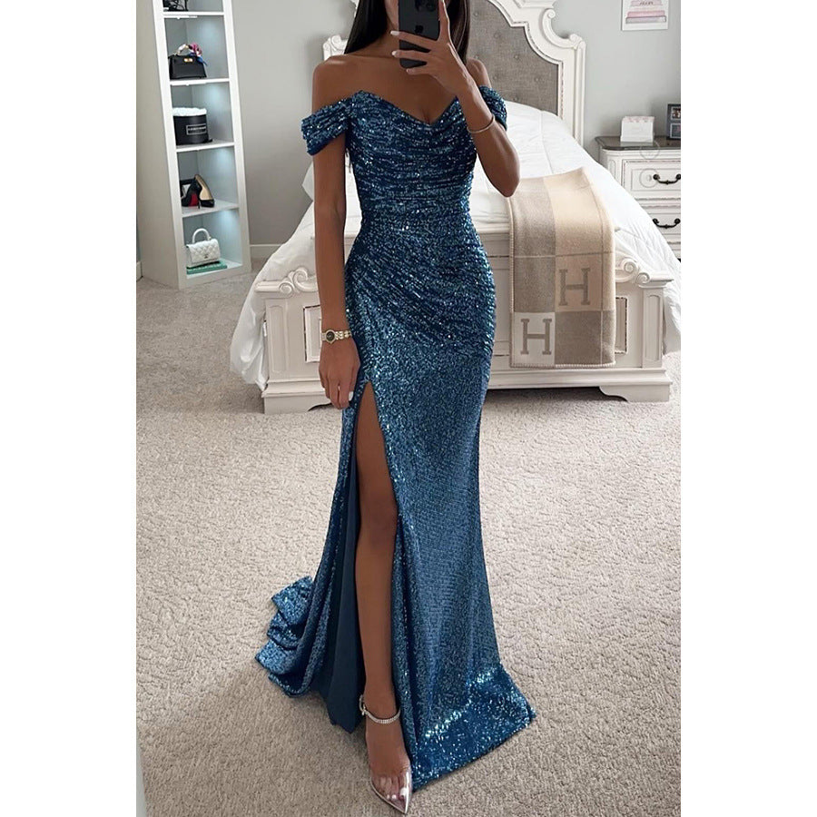 Party Sequins Off-neck Split Dress INS Casual Fashion Dress Women - ANIBEY