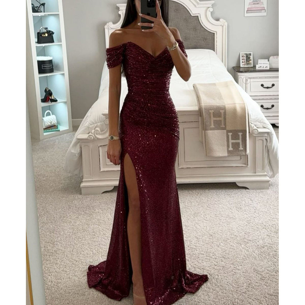Party Sequins Off-neck Split Dress INS Casual Fashion Dress Women - ANIBEY