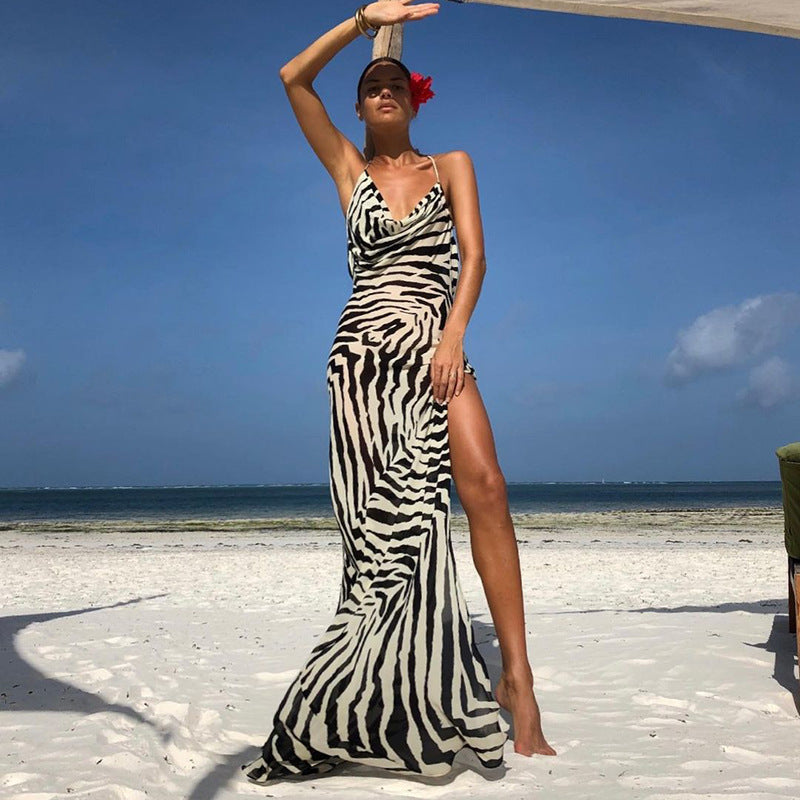 Resort Personality Zebra Print Temperament Slit Slip Dress - ANIBEY