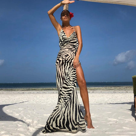 Resort Personality Zebra Print Temperament Slit Slip Dress - ANIBEY
