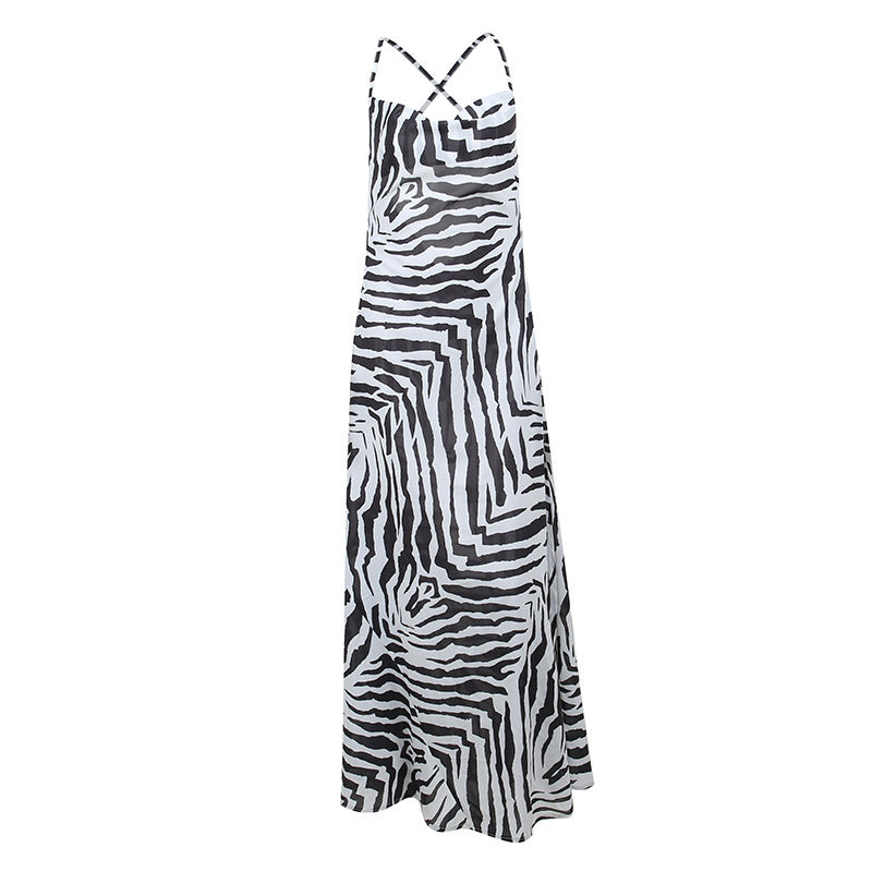Resort Personality Zebra Print Temperament Slit Slip Dress - ANIBEY
