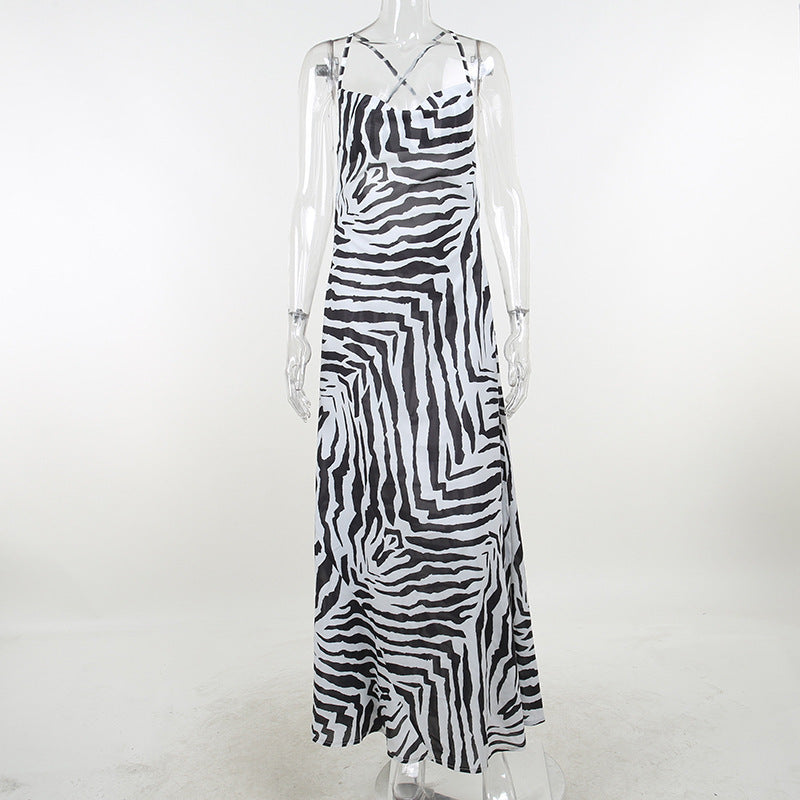 Resort Personality Zebra Print Temperament Slit Slip Dress - ANIBEY