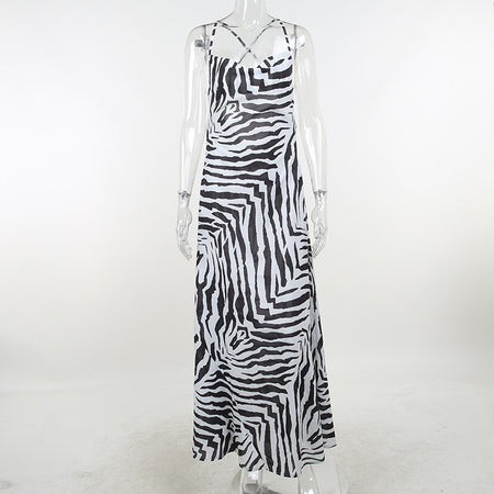 Resort Personality Zebra Print Temperament Slit Slip Dress - ANIBEY