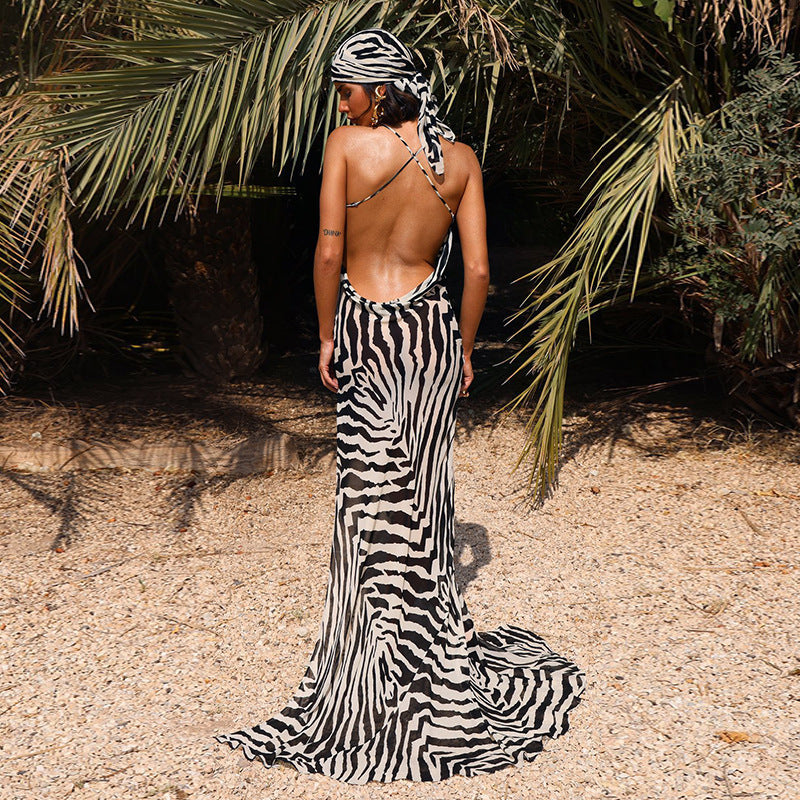 Resort Personality Zebra Print Temperament Slit Slip Dress - ANIBEY