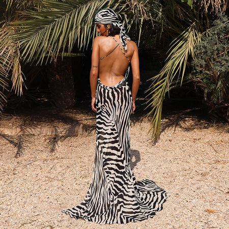 Resort Personality Zebra Print Temperament Slit Slip Dress - ANIBEY