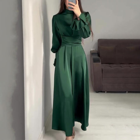 Round Neck Ruffle Sleeve Drawstring High Waist Cross Overlay Strap Elegant Slim Fit Dress - ANIBEY