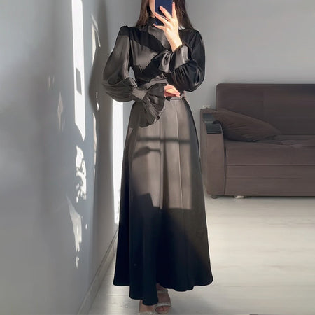 Round Neck Ruffle Sleeve Drawstring High Waist Cross Overlay Strap Elegant Slim Fit Dress - ANIBEY