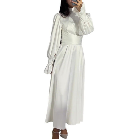 Round Neck Ruffle Sleeve Drawstring High Waist Cross Overlay Strap Elegant Slim Fit Dress - ANIBEY