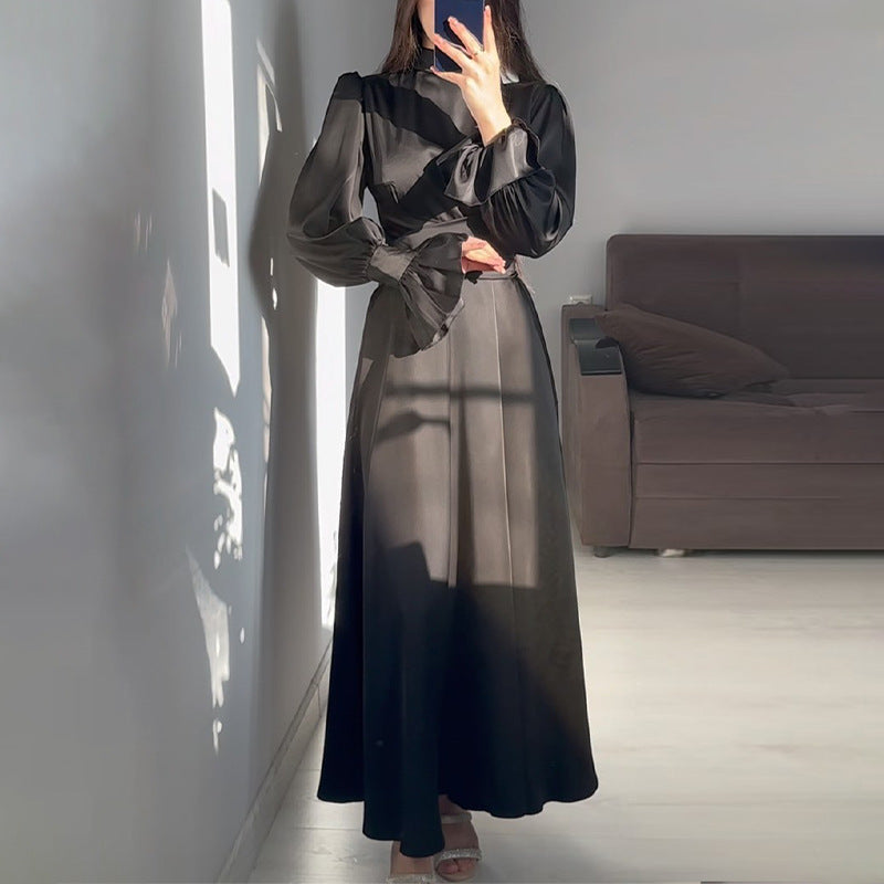 Round Neck Ruffle Sleeve Drawstring High Waist Cross Overlay Strap Elegant Slim Fit Dress - ANIBEY
