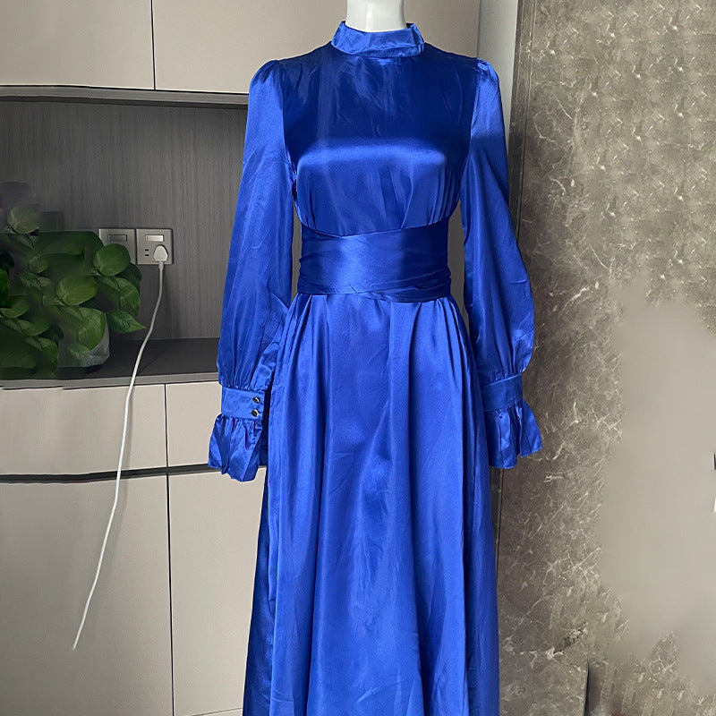 Round Neck Ruffle Sleeve Drawstring High Waist Cross Overlay Strap Elegant Slim Fit Dress - ANIBEY