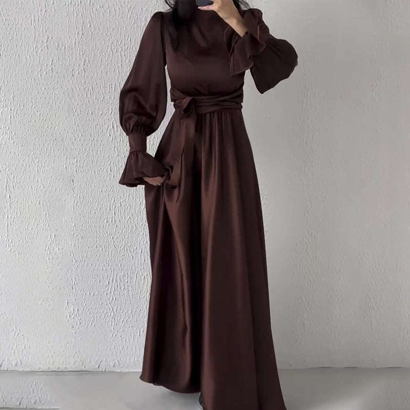 Round Neck Ruffle Sleeve Drawstring High Waist Cross Overlay Strap Elegant Slim Fit Dress - ANIBEY