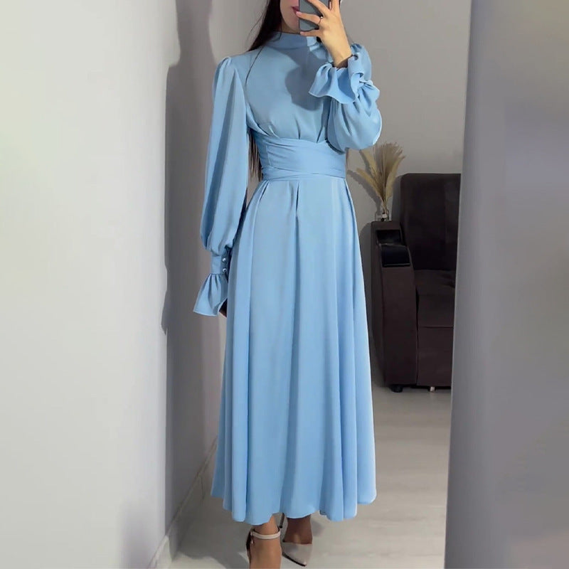 Round Neck Ruffle Sleeve Drawstring High Waist Cross Overlay Strap Elegant Slim Fit Dress - ANIBEY
